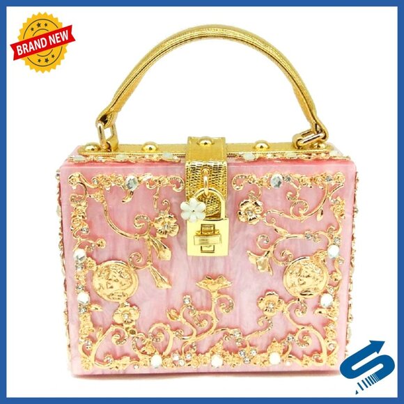 Handbags - Small Acrylic Shoulder Bag with Flower Design, Rhinestones, Crossbody Tote